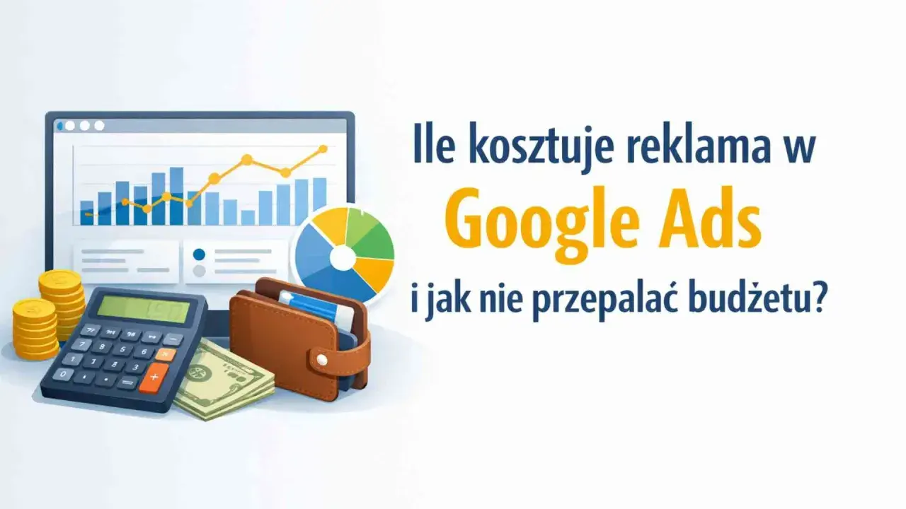Kalkulator, monety, portfel i wykresy symbolizują koszty reklamy w Google Ads. Dowiedz się, jak nie przepalić budżetu.