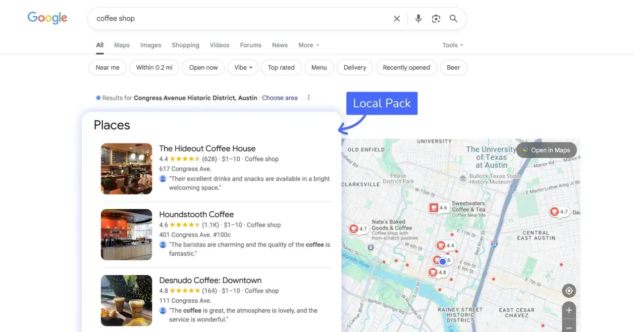 Wyniki wyszukiwania kawy w Austin, pokazujące lokalny pakiet z kawiarniami i mapą, kluczowe dla lokalnego SEO.