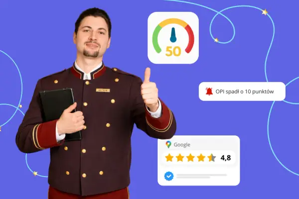 Uśmiechnięty pracownik hotelu z tabletem, kciukiem w górę, pokazuje wyniki monitoringu internetu: wskaźnik 50, spadek OPI o 10 punktów i ocenę Google 4,8.
