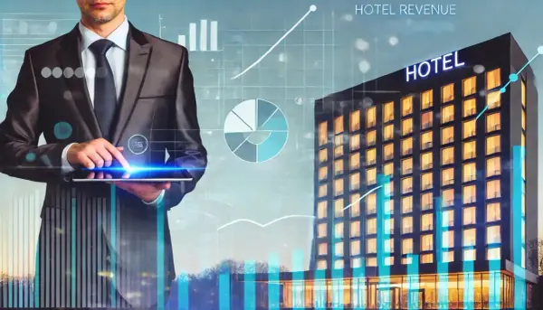 Biznesmen analizuje dane hotelowe na tablecie, widoczne wykresy i budynek hotelu. Skuteczne monitorowanie cen kluczem do sukcesu.