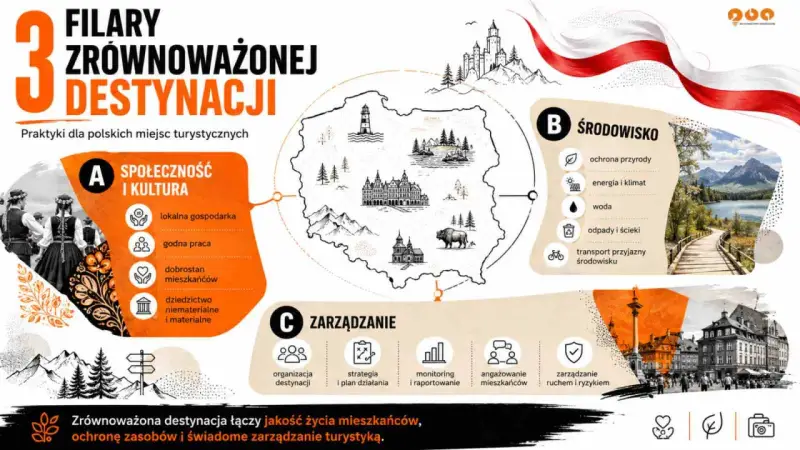 Grafika przedstawia 3 filary zrównoważonej destynacji turystycznej w Polsce: Społeczność i Kultura, Środowisko, Zarządzanie. Wskazuje na recykling treści poprzez ponowne wykorzystanie zasobów.